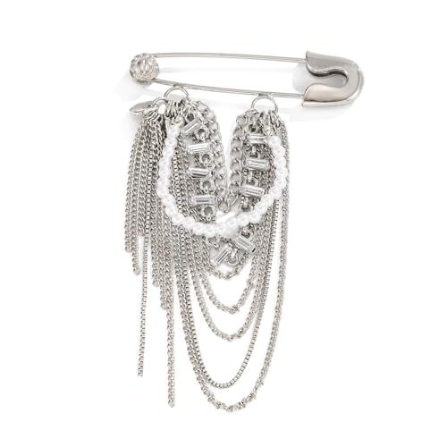 Fashionable Retro Alloy Brooch with Faux Pearls and Long Chains Statement Clothing Accessory for Women Vintage Stone Brooch