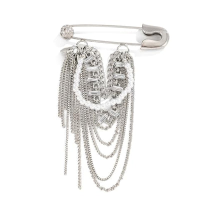 Fashionable Retro Alloy Brooch with Faux Pearls and Long Chains Statement Clothing Accessory for Women Vintage Stone Brooch
