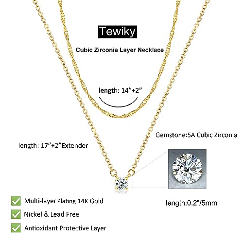Tewiky Dainty 14k Gold Plated/Silver Cubic Zirconia Necklaces for Women, Simple CZ Jewelry Necklaces Trendy Gifts - color: Gold layer chain CZ