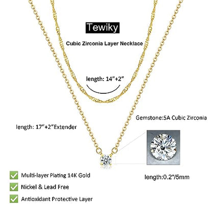 Tewiky Dainty 14k Gold Plated/Silver Cubic Zirconia Necklaces for Women, Simple CZ Jewelry Necklaces Trendy Gifts - color: Gold layer chain CZ