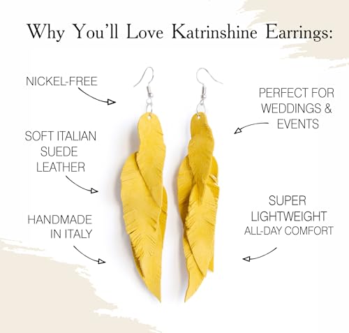 Leather Feather Earrings, Suede layered earrings, boho wedding jewelry, summer earrings, gift for her, dangle earrings - color: yellow