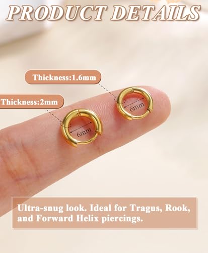 Surgical Steel Huggie Hoop Earrings & Flat Back Studs for Women Men, 6mm-14mm Small Hoops for Cartilage Helix Tragus Lobe, 1-10 Pairs Multiple Piercing Jewelry Set for Sensitive Ears - style: 1Pair,Gold,6mm(THK:1.6mm)