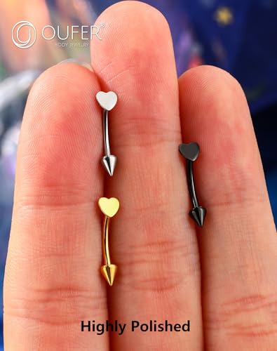 OUFER Rook Piercing Jewelry, G23 Solid Titanium Eyebrow Rings, Heart Vertical Labret Lip Jewelry, 16G Curved Barbells, Daith Rook Earrings for Women Men - color: Gold Black Silver Heart, size: 16G 8mm