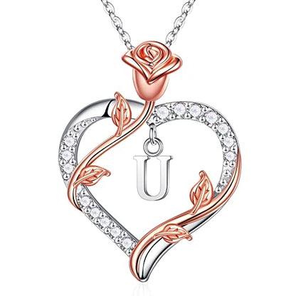 Iefil Anniversary Birthday Gifts for Women, Rose Heart Initial Necklace | Gift Box Packaging, 925 Sterling Silver, Jewelry Gifts for Women Her Wife Mom Girlfriend, Initial A-Z, 19+2inches - color: IEFIL JEWELRY BOX, style: U