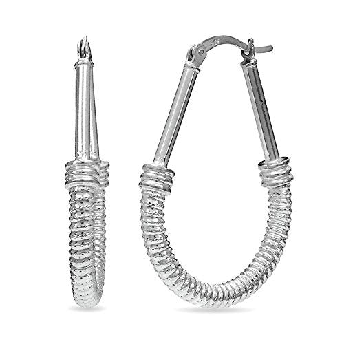 LeCalla 925 Sterling Silver Hoop Earrings for Women | Italian Design Classic Diamond-Cut Textured Hoops Earring | Women's Oval Drop Shape Silver Earring Jewelry - color: Large Twisted