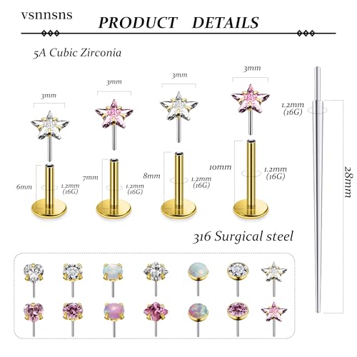 Vsnnsns 14K Gold Plated 16G 18G 20G Threadless Nose Rings Studs Flat Back Earrings Stainless Steel Tragus Helix Conch Earrings Stud Snake Bite Lip Rings Labret Medusa Piercing Jewelry for Women Men - color: 14K Gold Plated-16G-6MM 7MM 8MM 10MM Bar Lenght