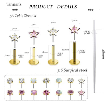 Vsnnsns 14K Gold Plated 16G 18G 20G Threadless Nose Rings Studs Flat Back Earrings Stainless Steel Tragus Helix Conch Earrings Stud Snake Bite Lip Rings Labret Medusa Piercing Jewelry for Women Men - color: 14K Gold Plated-16G-6MM 7MM 8MM 10MM Bar Lenght