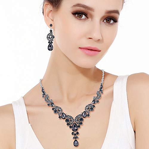EVER FAITH Rhinestone Crystal Bridal Floral Wave Teardrop Necklace Earrings Set - color: 2pcs_Grey