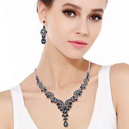 EVER FAITH Rhinestone Crystal Bridal Floral Wave Teardrop Necklace Earrings Set - color: 2pcs_Grey