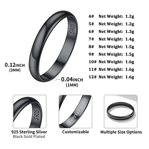 ChicSilver 2/3/5mm 925 Sterling Silver Ring Customizable Plain Dome High Polished Wedding Band Comfort Fit Size 4-12 - color: 3MM Black