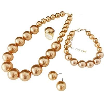 xuzhiyuan Statement Pearl Jewelry Set for Women - Includes Necklace, Bracelet, Earrings, and Ring | Colorful Faux Pearl Fashion Jewelry Set for Party, Wedding, Daily Wear - color: Champagne