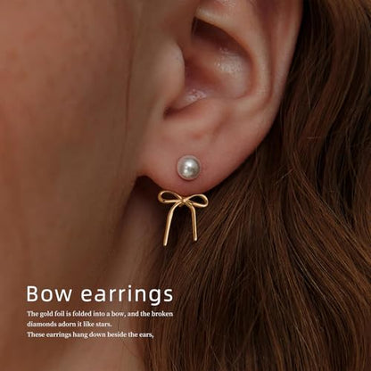 Gold Silver Pearl Earrings for Women - Hoop Earrings for Women Trendy 14K Gold Plated/Silver Twist Rope Bow Stud Bow Pearl Huggie Earring Hoops Pearls Dangle Cubic Zirconia Earring Jewelry Gift Womens - color: Gold bow