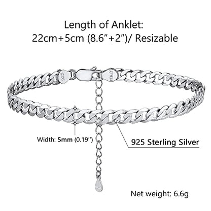 PROSILVER 925 Sterling Silver Ankle Bracelets For Women, Stylish Chain Anklets, Summer Beach Jewelry, 8.6-10.6 Inch Adjustable, Come with Box - style: 02 Cuban Anklet-5mm