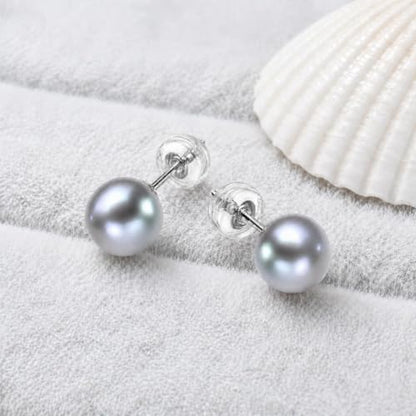 Cultured Pearl Stud Earrings for Women, Sterling Silver Hypoallergenic Gift - color: Gray, size: 8mm
