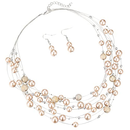 FULU AUTUMN Layered Pearl Necklace Multi-strand Pearl Choker Necklaces for Women Beaded jewelry for Wedding Parties - color: 37-Champagne