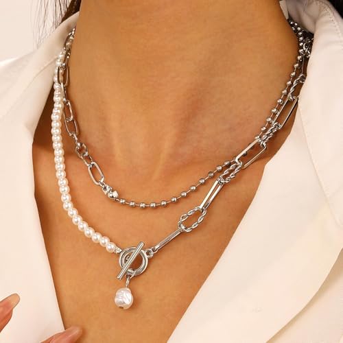 HUASAI Boho Necklaces for Women Dainty Layered Choker Necklace Bohemian Turquoise Necklace Statement Jewelry Western Cowgirl Country Concert Outfits Accessories - color: B Silver Paperclip Chain Pearl Necklace