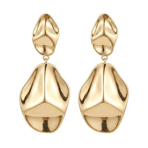 Harlermoon Chunky Gold Statement Earrings for Women 14K Gold Plated Sculptural Curved Dangle Drop Studs Hypoallergenic Geometric Jewelry Gift