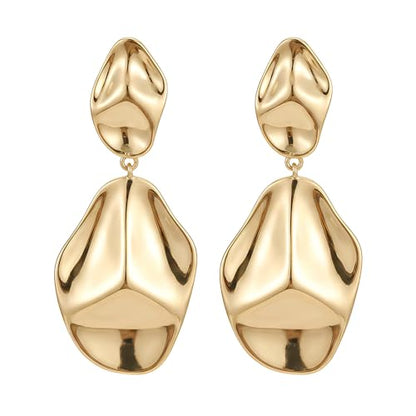 Harlermoon Chunky Gold Statement Earrings for Women 14K Gold Plated Sculptural Curved Dangle Drop Studs Hypoallergenic Geometric Jewelry Gift