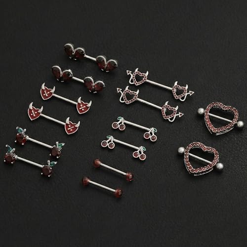 8 Pairs Nipple Rings 14G Stainless Steel Heart Cherry Apple Devil CZ Acrylic Ball Stud Barbell Tongue Rings Set Cute Nipplerings Piercing Jewelry for Women Red Silver Tone - color: Red1