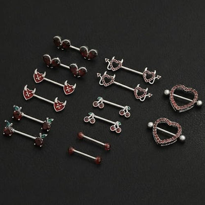 8 Pairs Nipple Rings 14G Stainless Steel Heart Cherry Apple Devil CZ Acrylic Ball Stud Barbell Tongue Rings Set Cute Nipplerings Piercing Jewelry for Women Red Silver Tone - color: Red1