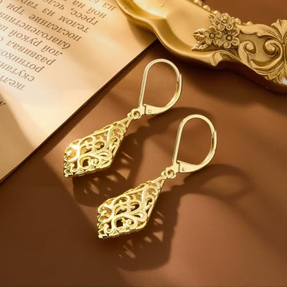 BOUTIQUELOVIN Filigree Dangle Earrings for Women Drop Earings | 14K Gold Plated Geometric Dangling Leverback Earrings Silver Hypoallergenic Dangly Earings Lightweight Daily Jewelry Gifts - color: A-14K Gold