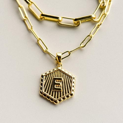 Layered Initial Necklace for Women | Gold Plated Paperclip Chain with Sunburst Hexagon Letter Pendant | Double Layer Alphabet Necklace | Personalized Minimalist Jewelry Gift - color: E