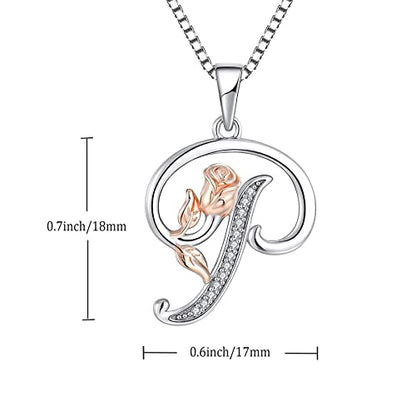 STARCHENIE Initial Necklace for Women Sterling Silver Letters 26 Alphabet Pendant Rose Flower Jewelry Gifts for Family Sisters Friend - color: P