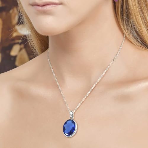 Chunky Natural Gemstone Pendant Necklace For Women Onyx, Turquoise, Amber, Garnet Oval Boho Genuine 925 Sterling Silver Handmade Jewelry - color: Blue Sapphire Simulated