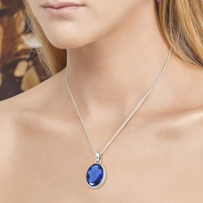 Chunky Natural Gemstone Pendant Necklace For Women Onyx, Turquoise, Amber, Garnet Oval Boho Genuine 925 Sterling Silver Handmade Jewelry - color: Blue Sapphire Simulated