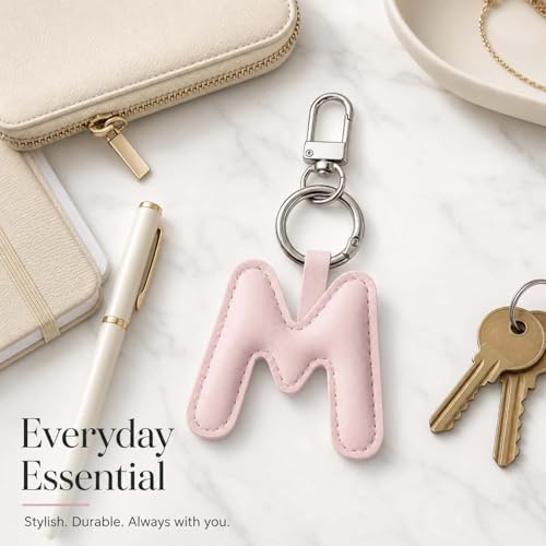 Initial Letter Keychain,Stainless Steel,Colorful Faux Leather Keyring for Backpack,Purse,Car Keys,Gift for Men Women - color: M