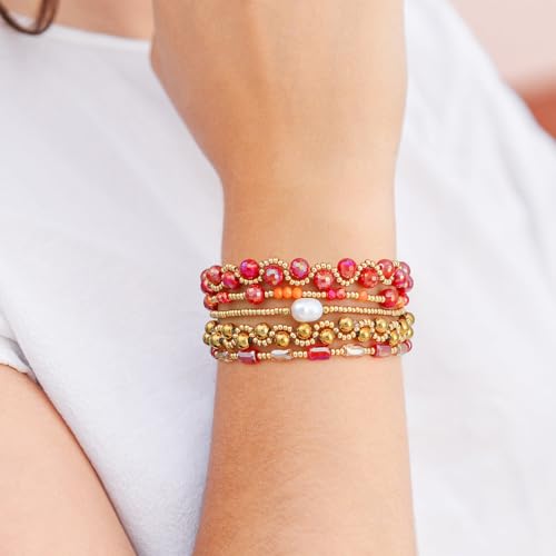 Dainty Gold Plated Pearl Crystal Beaded Bracelets Set for Women 14K Gold Plated Bead Pearl Beads Bracelet Stackable Paperclip Link Chain Bracelets Gold Plated Bracelets for Women Trendy Jewelry - color: Style5-1 Red