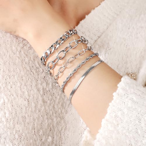 SEEDRILL Bracelets for Women Trendy Waterproof 316 Stainless Steel 18K Real Gold Plated Jewelry Sets Chunky Stackable Cuban Link Paperclip Herringbone Rope Chain Bracelet Pack Gifts Silvery/Gold-Tone - color: Silvery