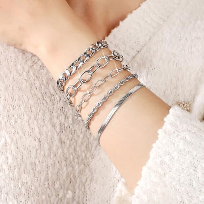 SEEDRILL Bracelets for Women Trendy Waterproof 316 Stainless Steel 18K Real Gold Plated Jewelry Sets Chunky Stackable Cuban Link Paperclip Herringbone Rope Chain Bracelet Pack Gifts Silvery/Gold-Tone - color: Silvery