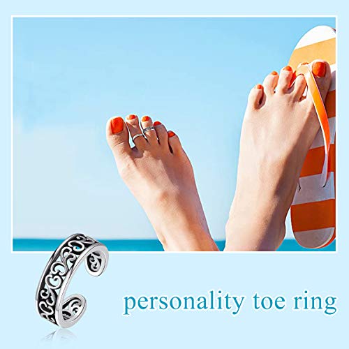 ChicSilver Toe Rings for Women 925 Sterling Silver Adjustable Toe Ring | 925 sterling silver, hypoallergenic for sensitive skin, adjustable open band, summer beach wear gift - color: J: Filigree (1 pc)