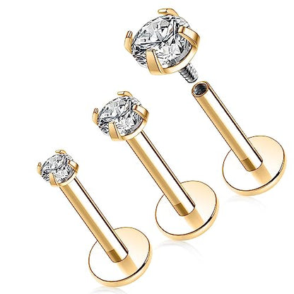 GAGABODY G23 Titanium 16G 6/8/10mm Clear CZ/Opal Internally Threaded Labret Monroe Lip Studs 6mm Helix Cartilage Tragus Earring Piercing - color: 16G-3Pcs-Gold-Length:10mm CZ:2/3/4mm