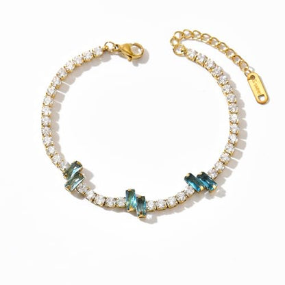 18K Gold Plated Cubic Zirconia Tennis Bracelet for Women Sparkling Stackable Stainless Steel Jewelry Hypoallergenic Tarnish Resistant Bridal Gift - color: Light Blue Baguette CZ-Gold