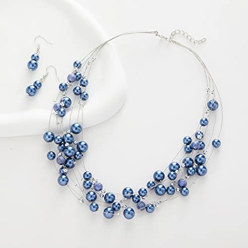 FULU AUTUMN Layered Pearl Necklace Multi-strand Pearl Choker Necklaces for Women Beaded jewelry for Wedding Parties - color: 37-Blue