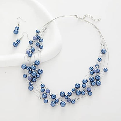 FULU AUTUMN Layered Pearl Necklace Multi-strand Pearl Choker Necklaces for Women Beaded jewelry for Wedding Parties - color: 37-Blue