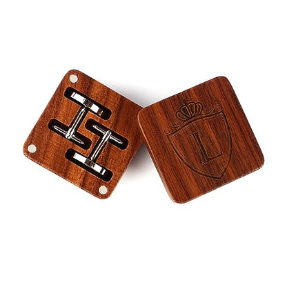 Mens Initial Silver Cufflinks A-Z Alphabet Letter Steel Cuff Links with Engraved Walnut Wood Box Groom Groomsman Wedding Set… - style: L