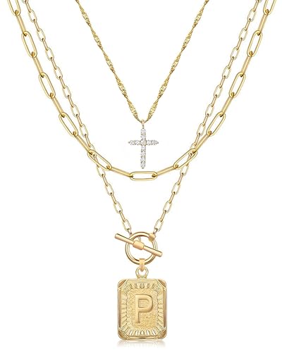 MJartoria Layered Initial Necklaces for Women Trendy, 14K Gold Plated Brass Simple Dainty Cross Choker Square Letter Pendant Necklace, Paperclip Chain Necklaces Jewelry - color: Gold, style: P