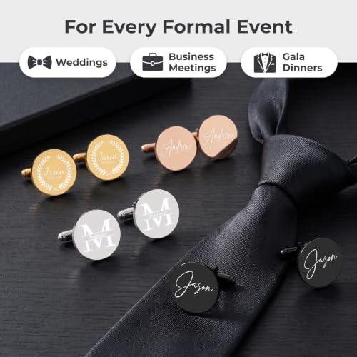 Personalized Engraved Round Stainless Steel Cufflinks for Men, Custom Initials Names Dates Cuff Links, Wedding Gifts for Groom, Groomsmen, Bride & Groom Fathers, Unique Present for Husband Boyfriend Birthday Anniversary