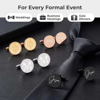 Personalized Engraved Round Stainless Steel Cufflinks for Men, Custom Initials Names Dates Cuff Links, Wedding Gifts for Groom, Groomsmen, Bride & Groom Fathers, Unique Present for Husband Boyfriend Birthday Anniversary