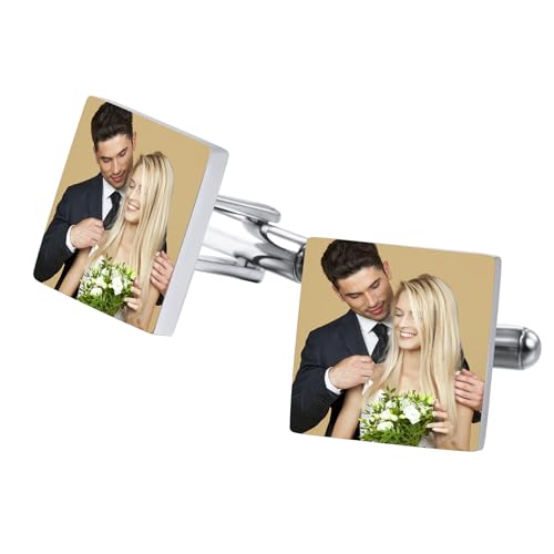 Classic Stainless Steel Cufflinks for Men Personalized Initial/Date/Photo Silver Mens Cufflinks Gift for Husband Groomsmen Groom Father of the Bride - color: Square (Photo)