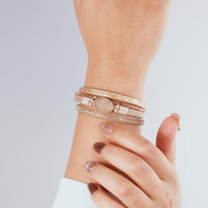 Boho Leather Wrap Bracelets Beaded Stackable Cuff Bracelet Country Concert Outfits Cowboy Cowgirl Western Jewelry Gifts for Women - color: Stone-Gold