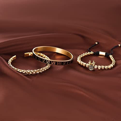 WFYOU 3PCS Stainless Steel Imperial Crown Bracelets for Men Gold Roman Numeral Bangle Bracelet Adjustable Cuff Bracelet Mens Luxury Jewelry Gifts - style: 02:Gold-Roman Numeral