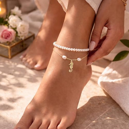 Robaice Anklets for Women, 14K Gold Plated Layered Ankle Bracelets | Waterproof Figaro Link Pearl Anklet, Ankle Bracelets for Women Stackable, Summer Beach Jewelry Gifts Non Tarnish - style: Gold Seahorse Anklet