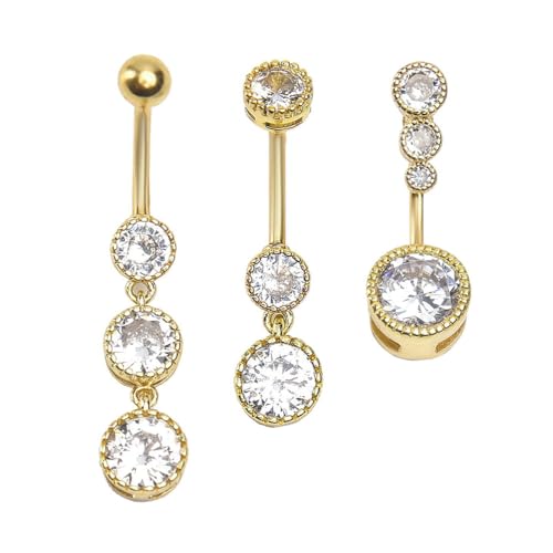 3Pcs 14G Stainless Steel Dangle Belly Button Rings Cubic Zirconia Heart Star Round Belly Navel Barbell Rings Belly Piercing Jewelry for Women - style: Gold Round