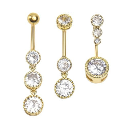 3Pcs 14G Stainless Steel Dangle Belly Button Rings Cubic Zirconia Heart Star Round Belly Navel Barbell Rings Belly Piercing Jewelry for Women - style: Gold Round