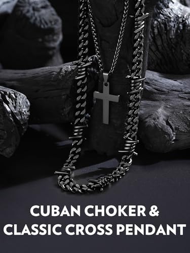 Bandmax Stainless Steel Barbed Wire Cuban Chain Necklace for Men & Women | Edgy Fierce Design, Waterproof & Tarnish Resistant, Silver/Black Tone, 5/7/9/12MM, 16-22 Inches, Street Punk Style Jewelry - color: A5 9MM+Layering Cross-Black, size: 16 Inch (40cm
