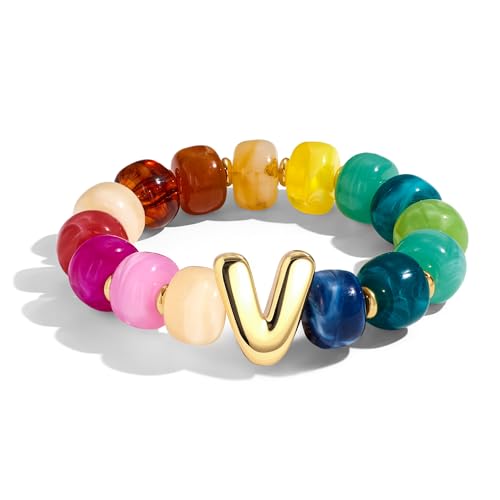 Bubble Initial Chunky Beaded Bracelet for Women Colorful Resin Bead Trendy Statement Big Stretch Bracelets Summer Beach Boho Charm Jewelry Cute Gifts for Women - color: Initial V